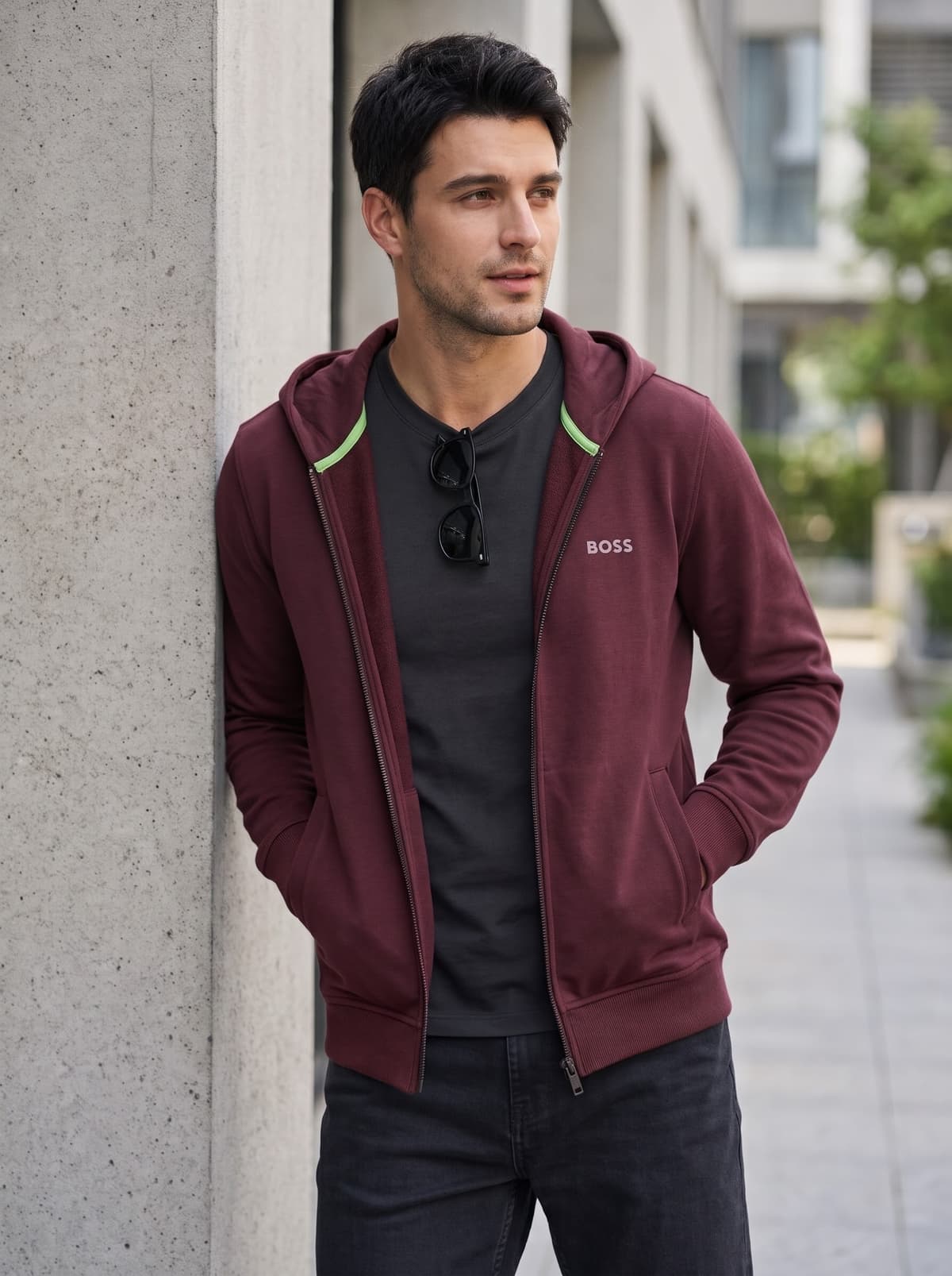 BOSS Regular-Fit Full-Zip Cotton-Blend Hoodie Burgundy  — alternate view