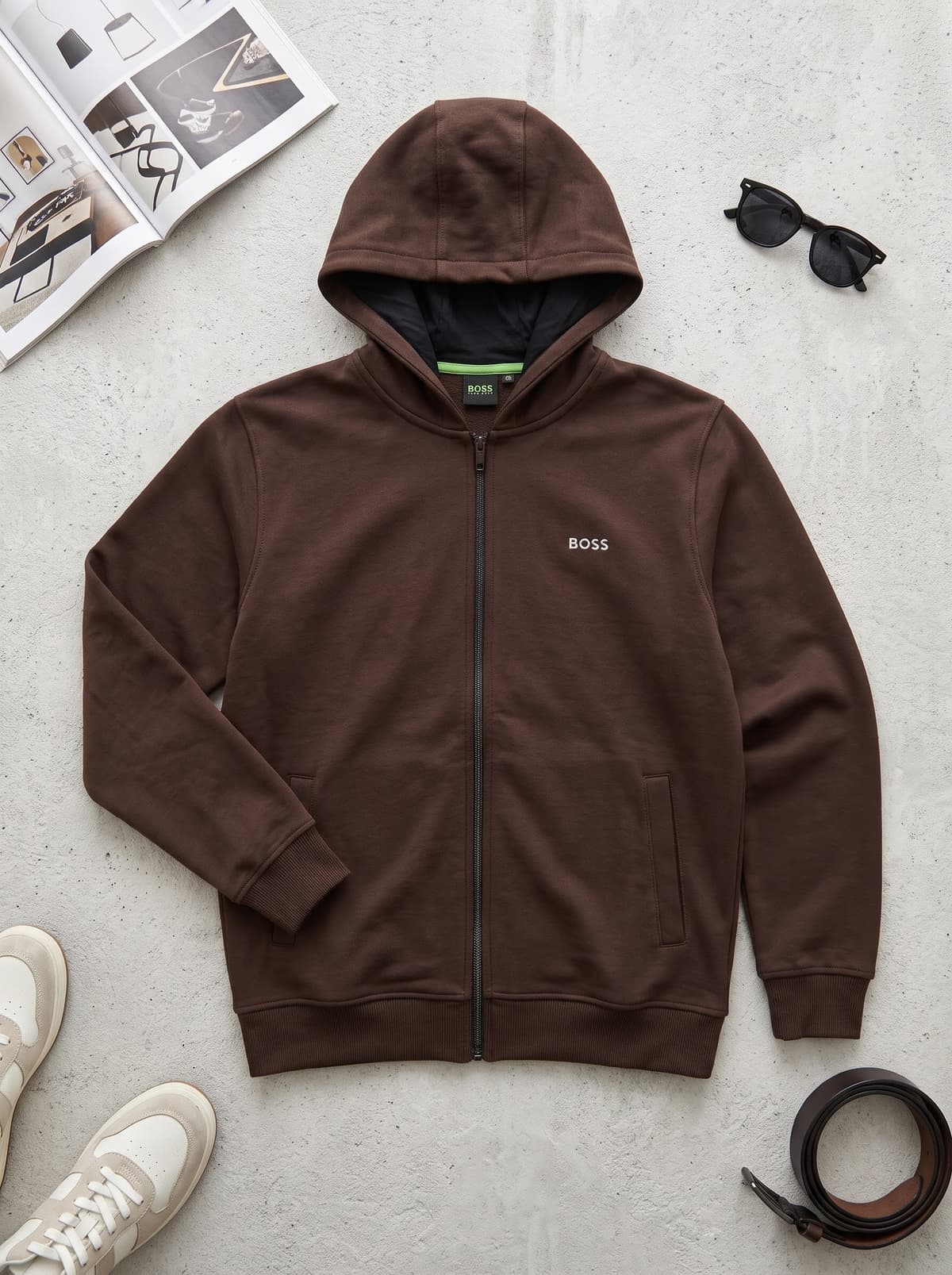 BOSS Regular-Fit Full-Zip Cotton-Blend Hoodie Brown