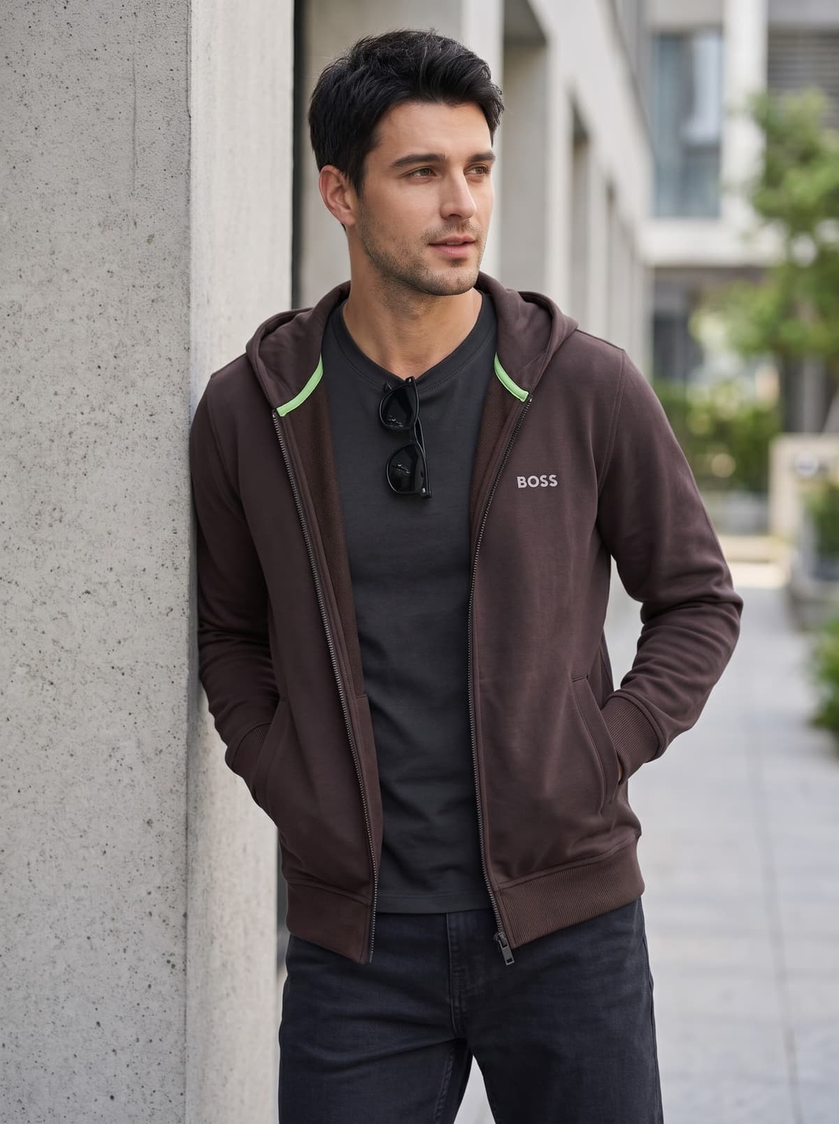 BOSS Regular-Fit Full-Zip Cotton-Blend Hoodie Brown — alternate view