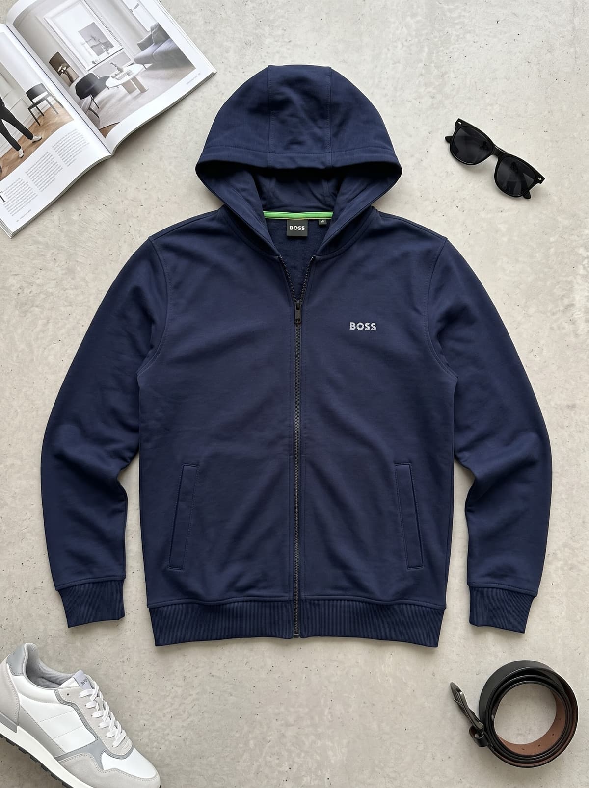 BOSS Regular-Fit Full-Zip Cotton-Blend Hoodie Navy