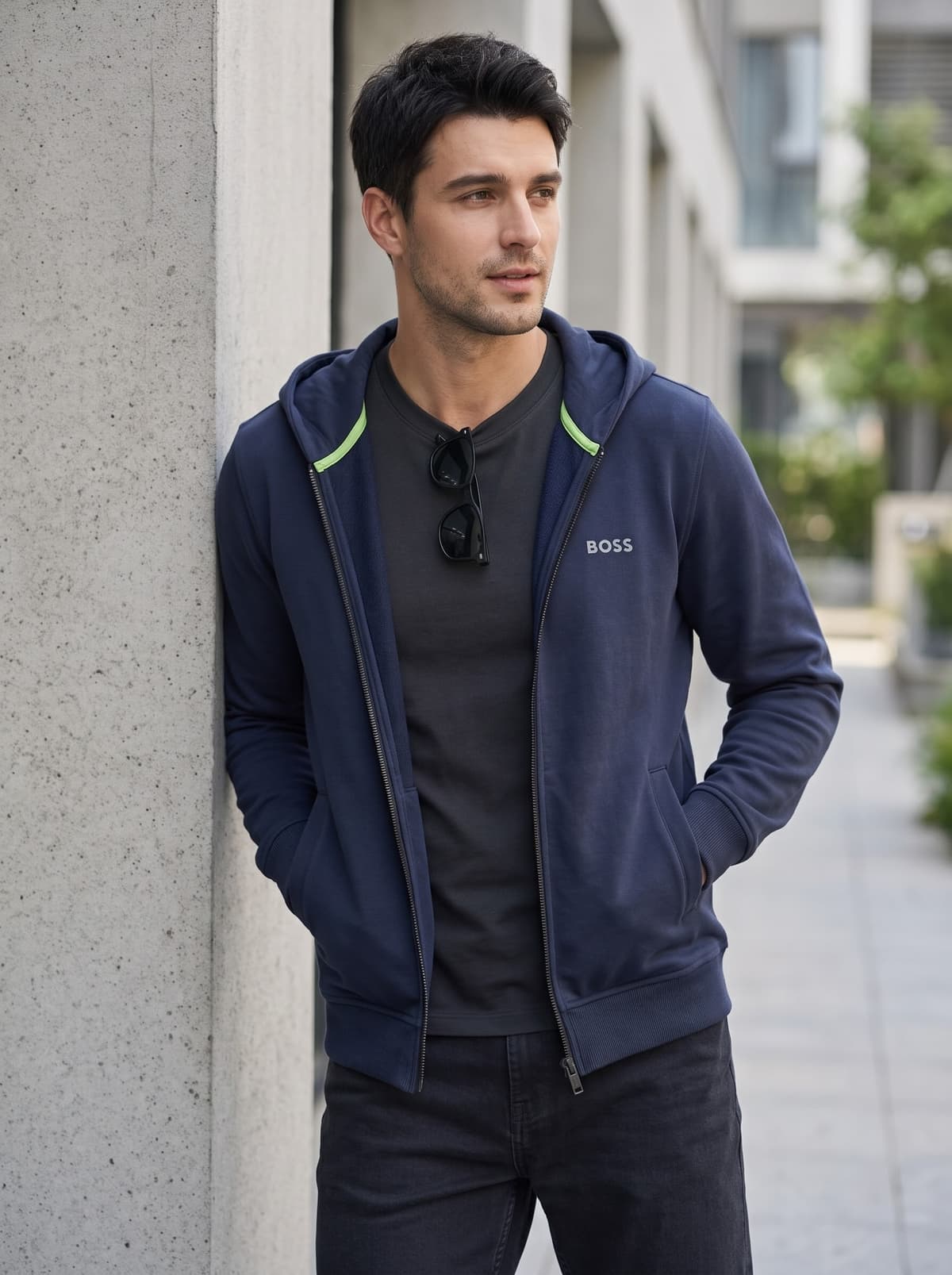 BOSS Regular-Fit Full-Zip Cotton-Blend Hoodie Navy — alternate view