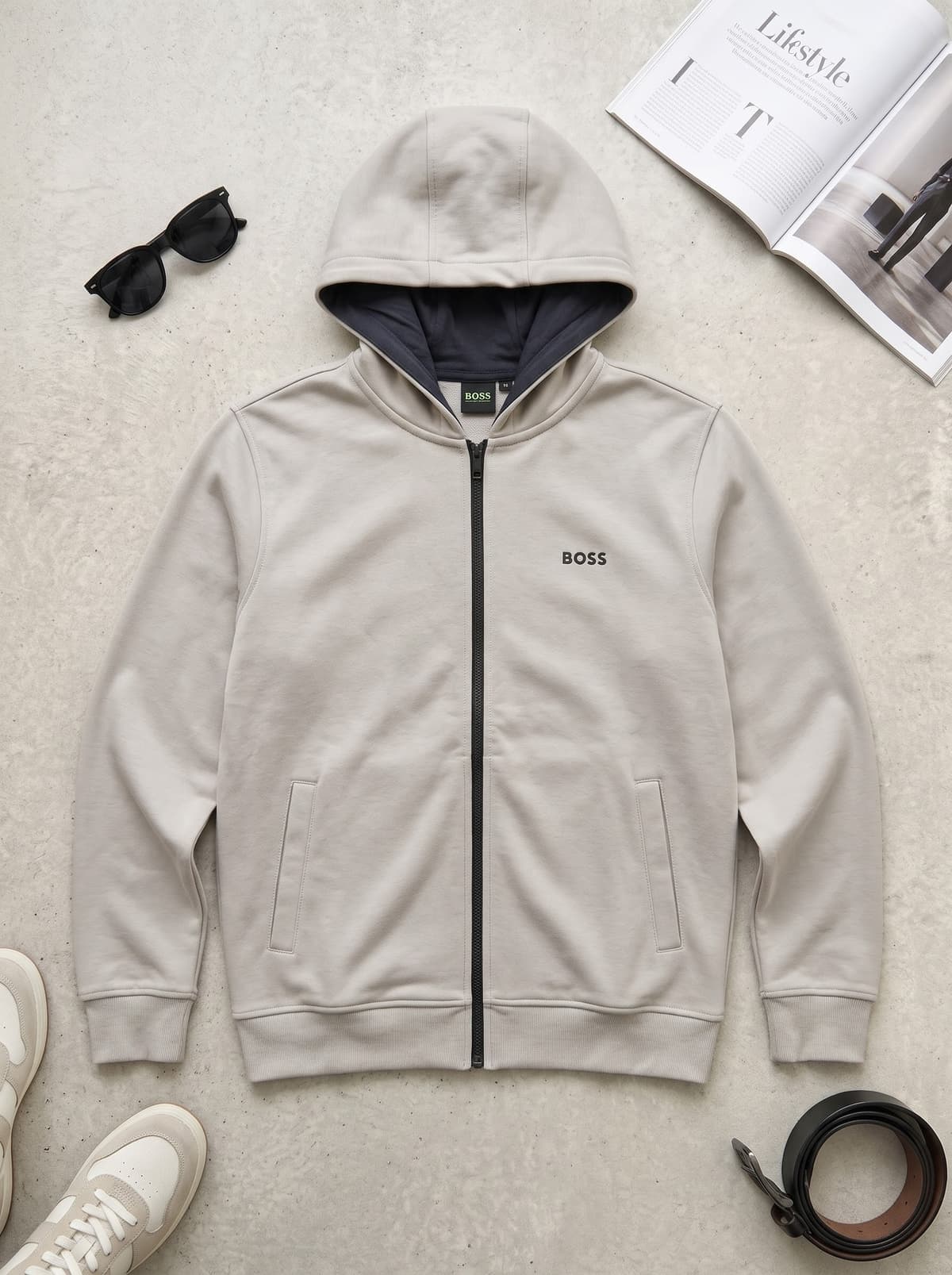 BOSS Regular-Fit Full-Zip Cotton-Blend Hoodie Baige