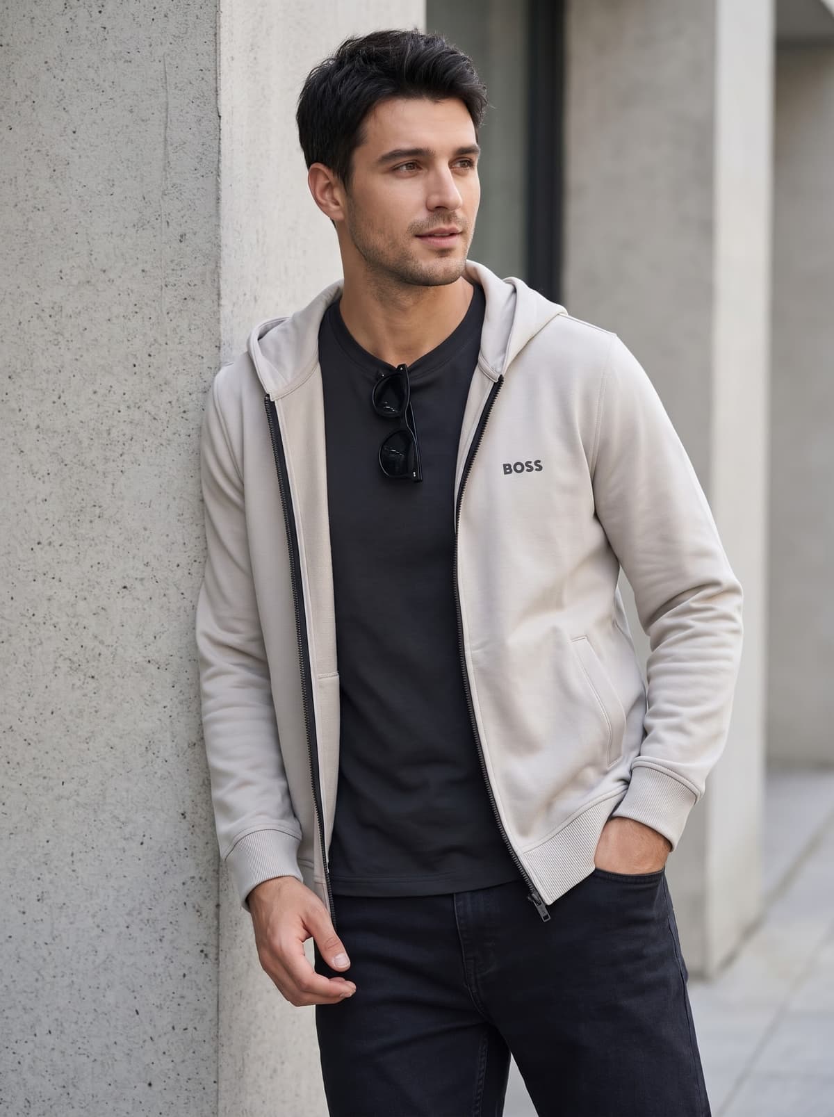 BOSS Regular-Fit Full-Zip Cotton-Blend Hoodie Baige — alternate view